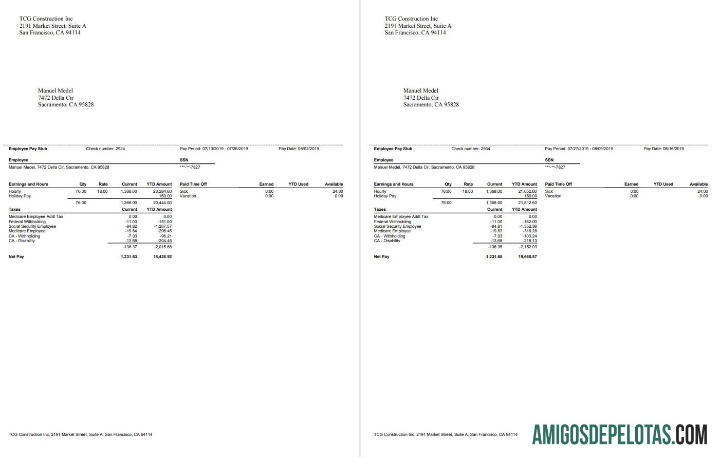 Recibo de pagamento do funcionário da TCG Construction Inc. amostra